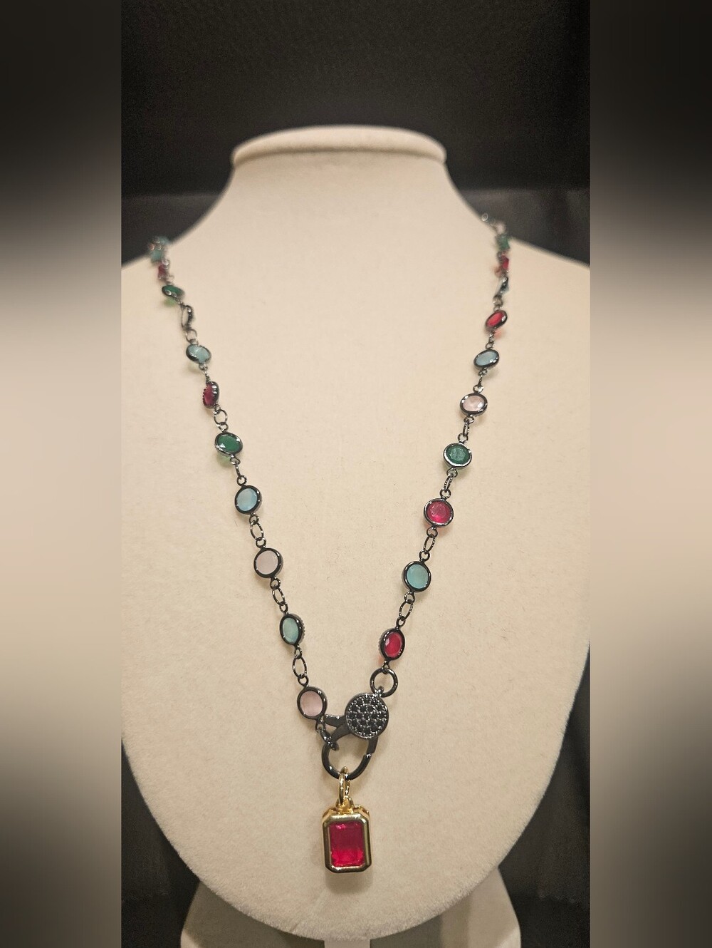 FR VAULT Multicolor Bezel Station Necklace With Pendant - Women Jewelry
